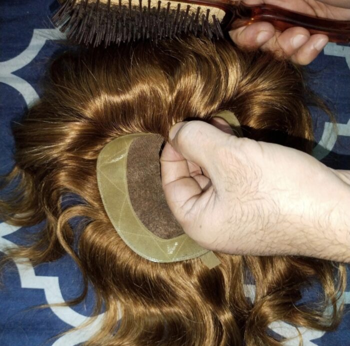 Gold and blond hair toupee with front base